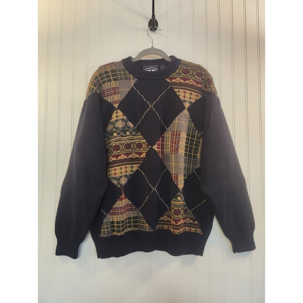 Vintage Wood & Gray Men's Navy Geometric Pullover Sweater Size XL Warm Cozy